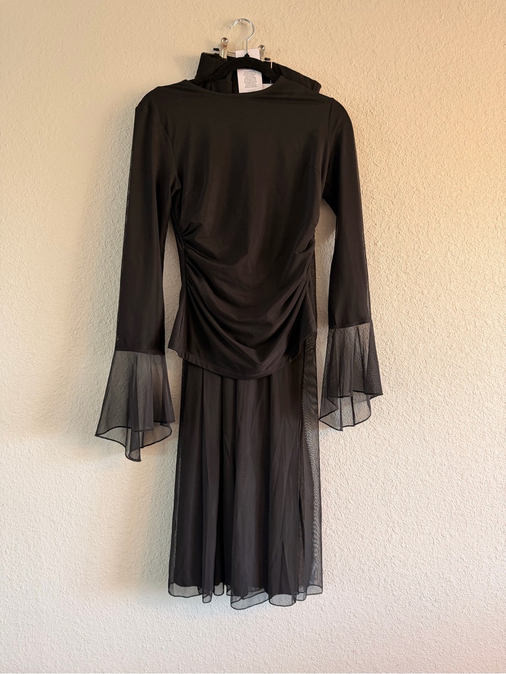 Veiled Black Mesh Flared-Sleeve Top and Skirt